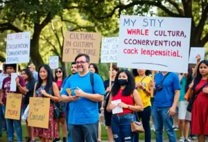 Austin residents demonstrating against the convention center expansion with banners and petitions.