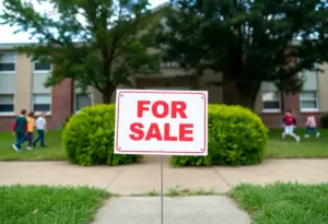 A school building in Austin with a 'For Sale' sign.