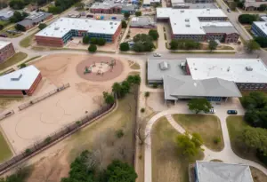Aerial view of vacant school grounds in Austin, Texas.