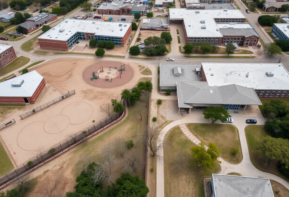Aerial view of vacant school grounds in Austin, Texas.