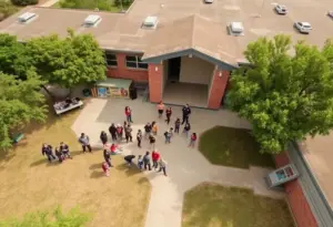 Aerial view of a school in Austin with students participating in outdoor learning.