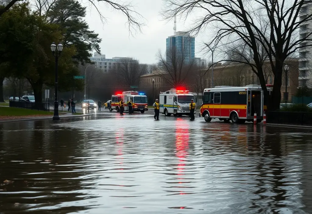 Flooded urban park in Austin with emergency responders