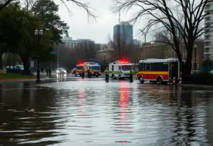 Flooded urban park in Austin with emergency responders