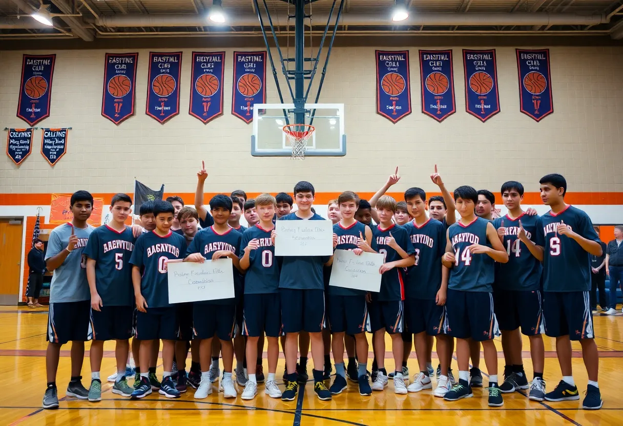 Bo Ogden celebrating basketball commitment in high school gym