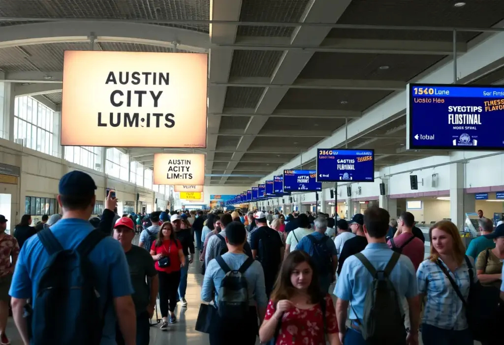 Travelers navigating the Austin-Bergstrom Airport during ACL Festival weekend