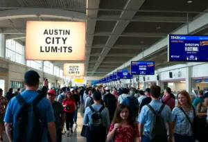 Travelers navigating the Austin-Bergstrom Airport during ACL Festival weekend