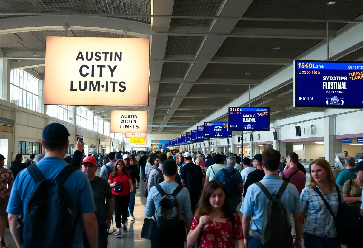 Travelers navigating the Austin-Bergstrom Airport during ACL Festival weekend