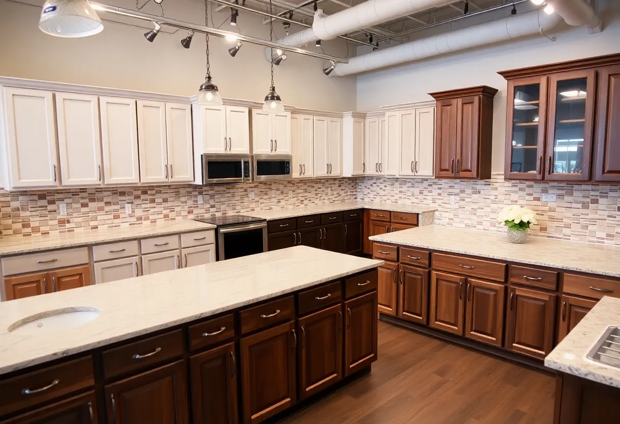 Interior view of the Cabinets To Go showroom in Austin, displaying a variety of cabinetry styles.