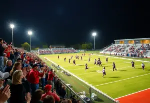 Players competing in a high school football game in Central Texas