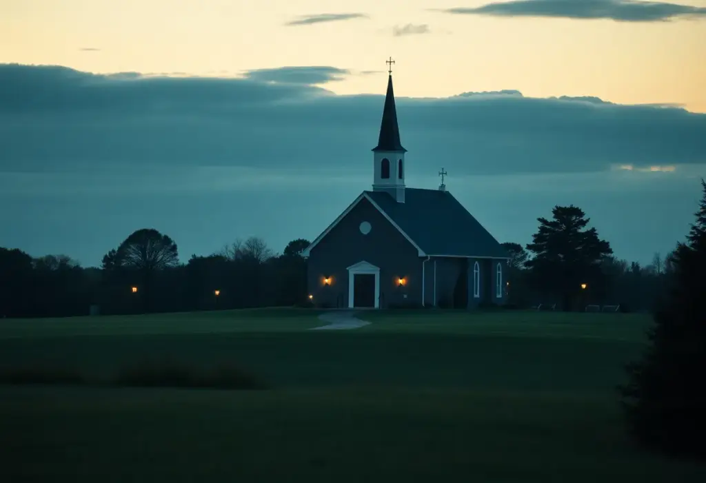 Peaceful church setting surrounded by greenery