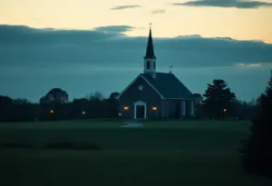 Peaceful church setting surrounded by greenery