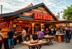 Exterior view of Churchrow Tejas Barbecue in Austin with outdoor dining area.