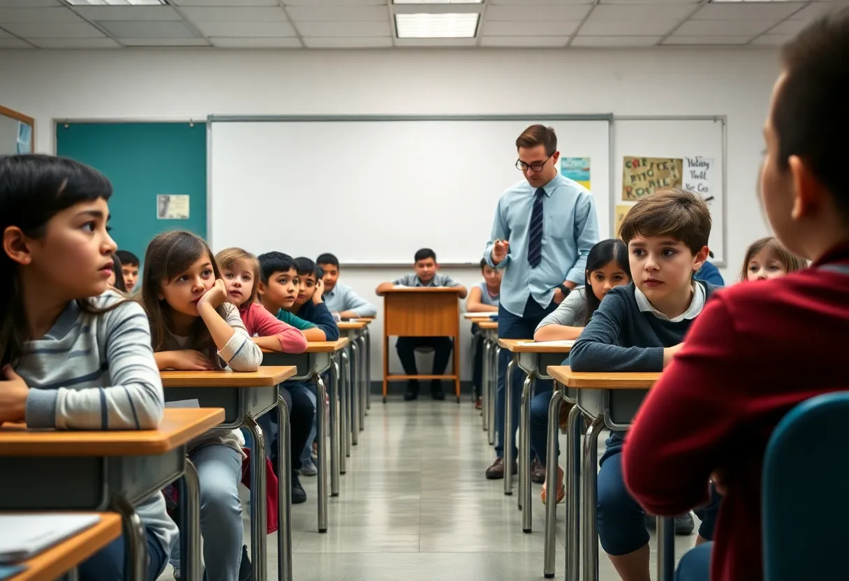Students in classroom with substitute teacher showing expressions of concern