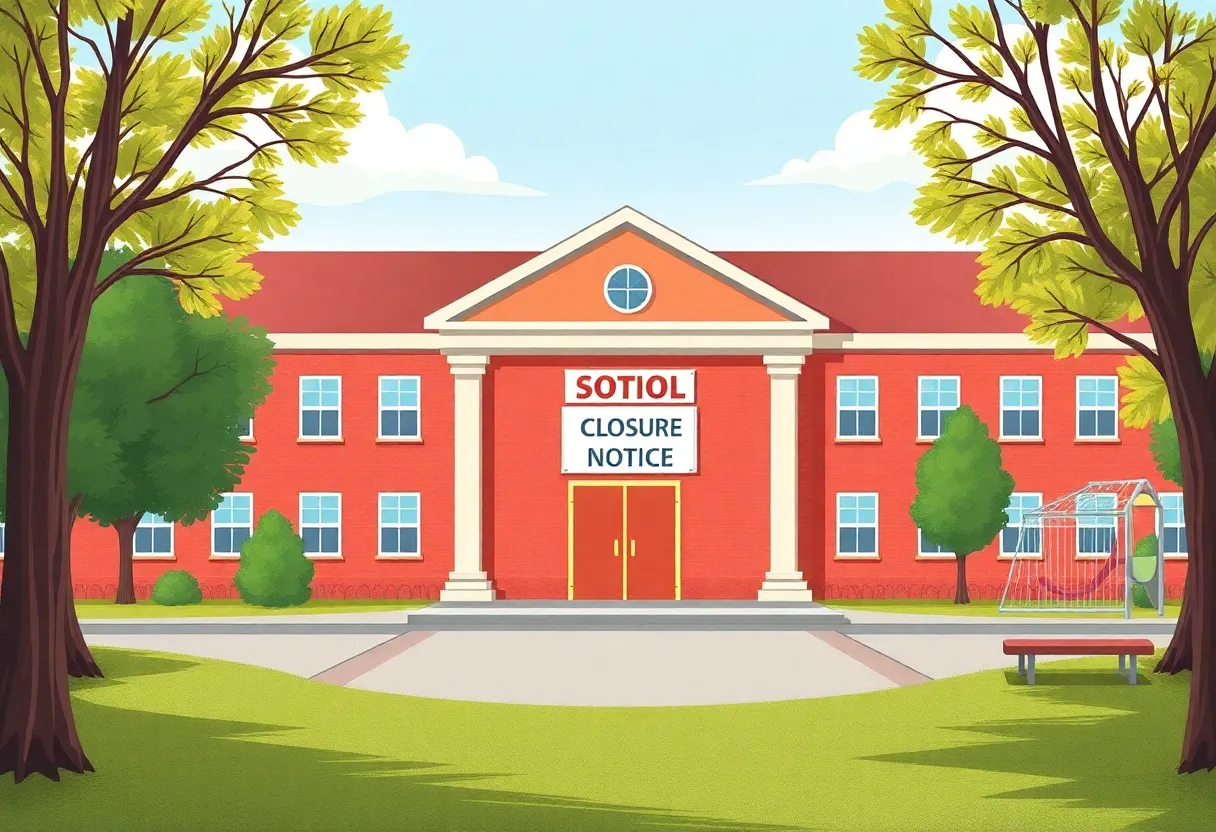 An empty school building with a closure notice sign