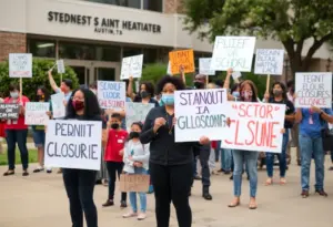 Families protesting outside AISD headquarters in Austin
