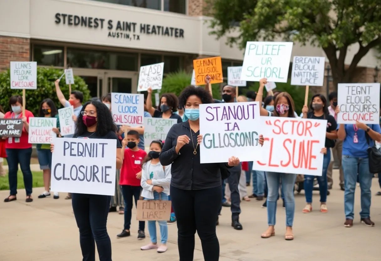 Families protesting outside AISD headquarters in Austin