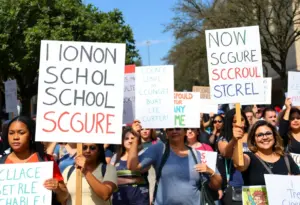 A group of parents and educators rallying against school closures in Austin, Texas.