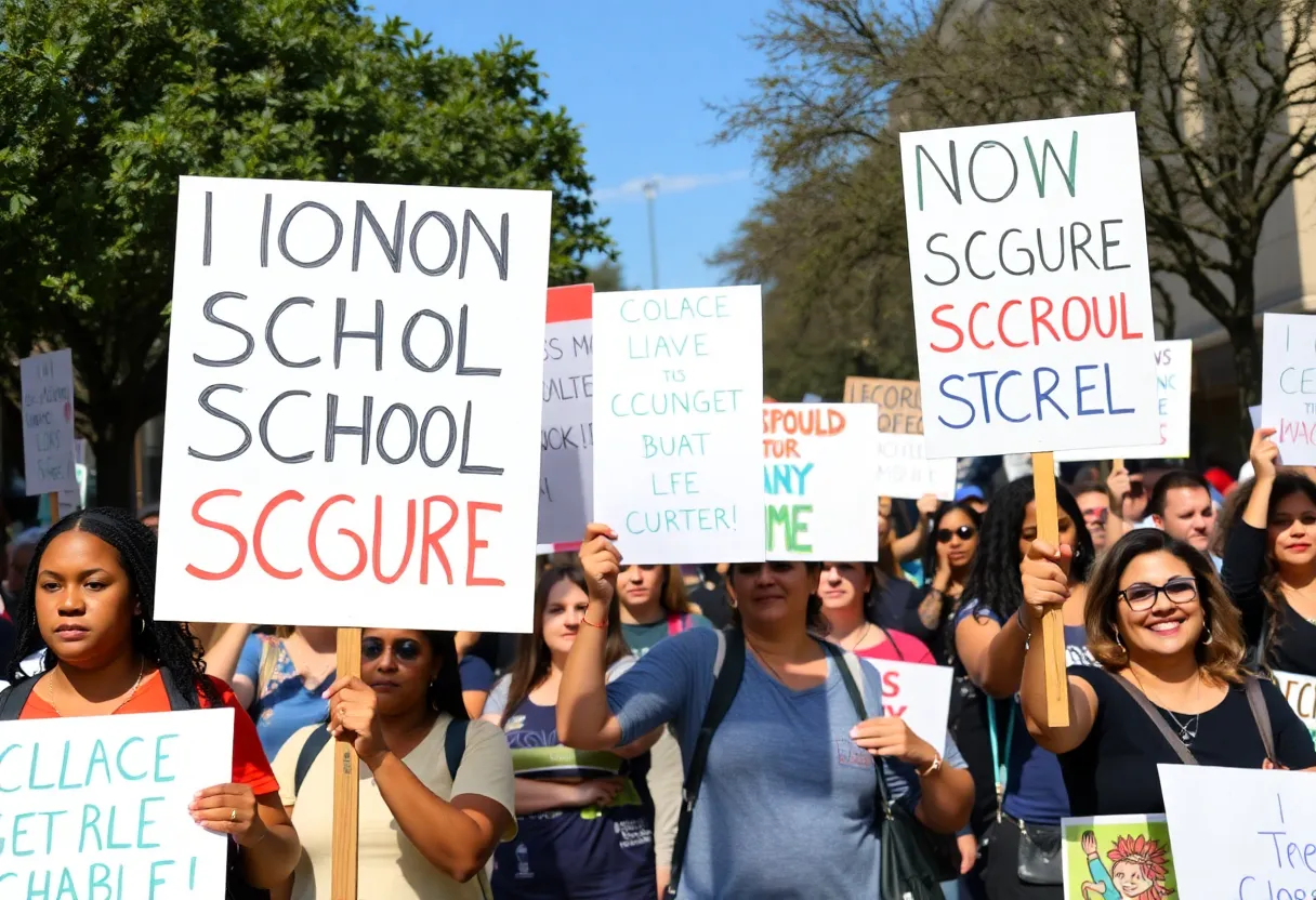 A group of parents and educators rallying against school closures in Austin, Texas.