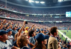 Fans celebrating during a Dallas Cowboys game in a stadium.