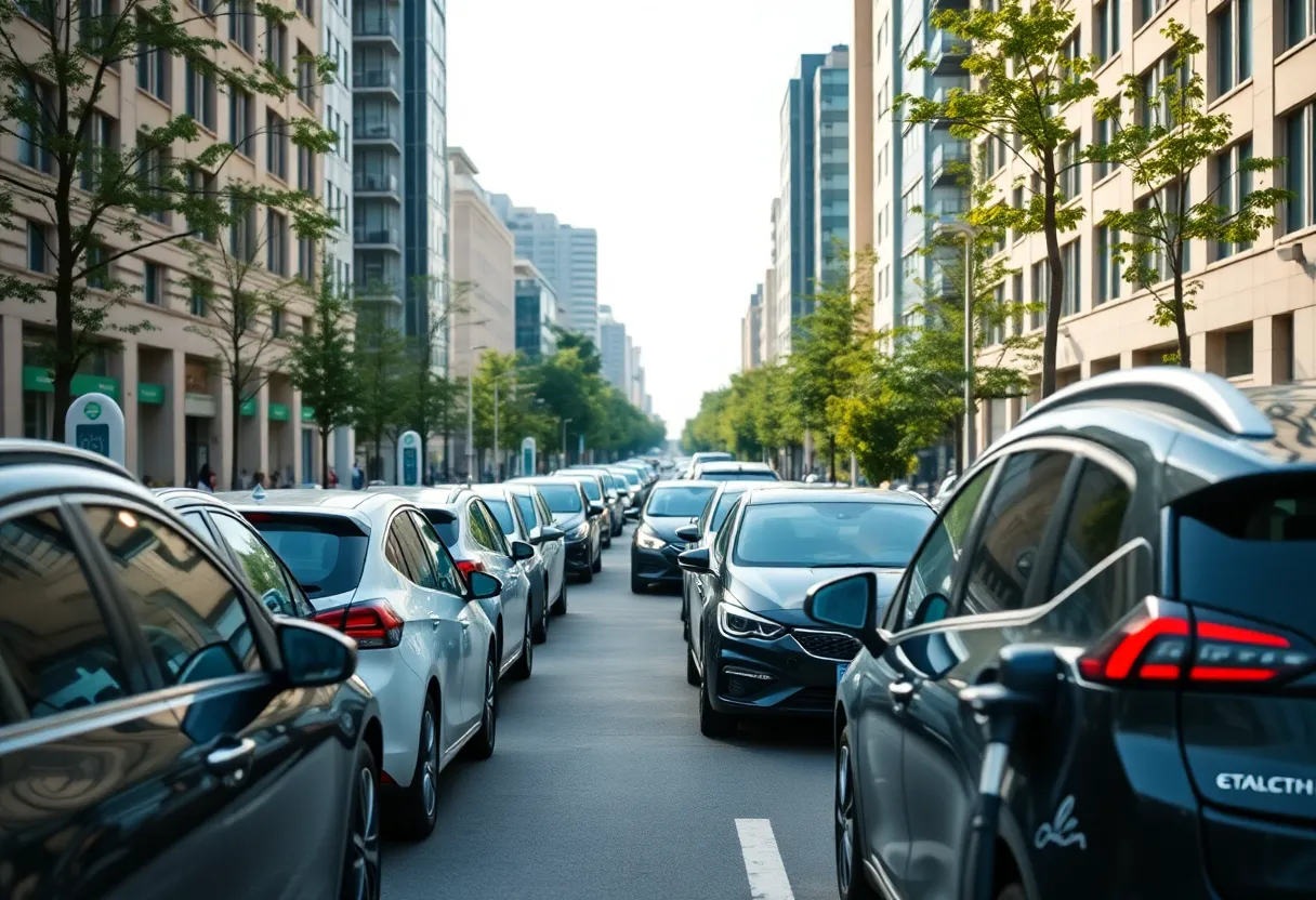 A variety of electric vehicles on a city street with charging stations.
