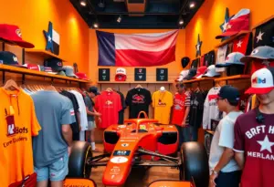 Exclusive Formula 1 merchandise displayed at the F1 Hub in Austin