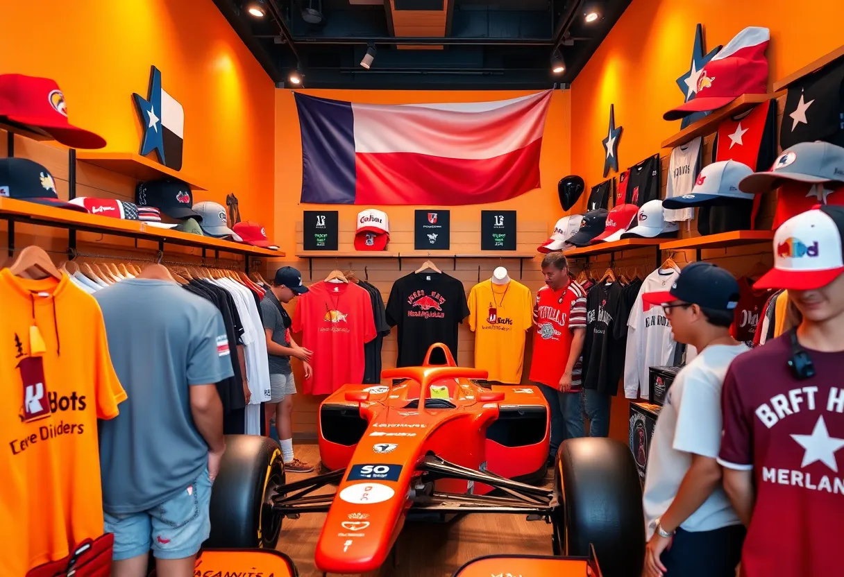 Exclusive Formula 1 merchandise displayed at the F1 Hub in Austin