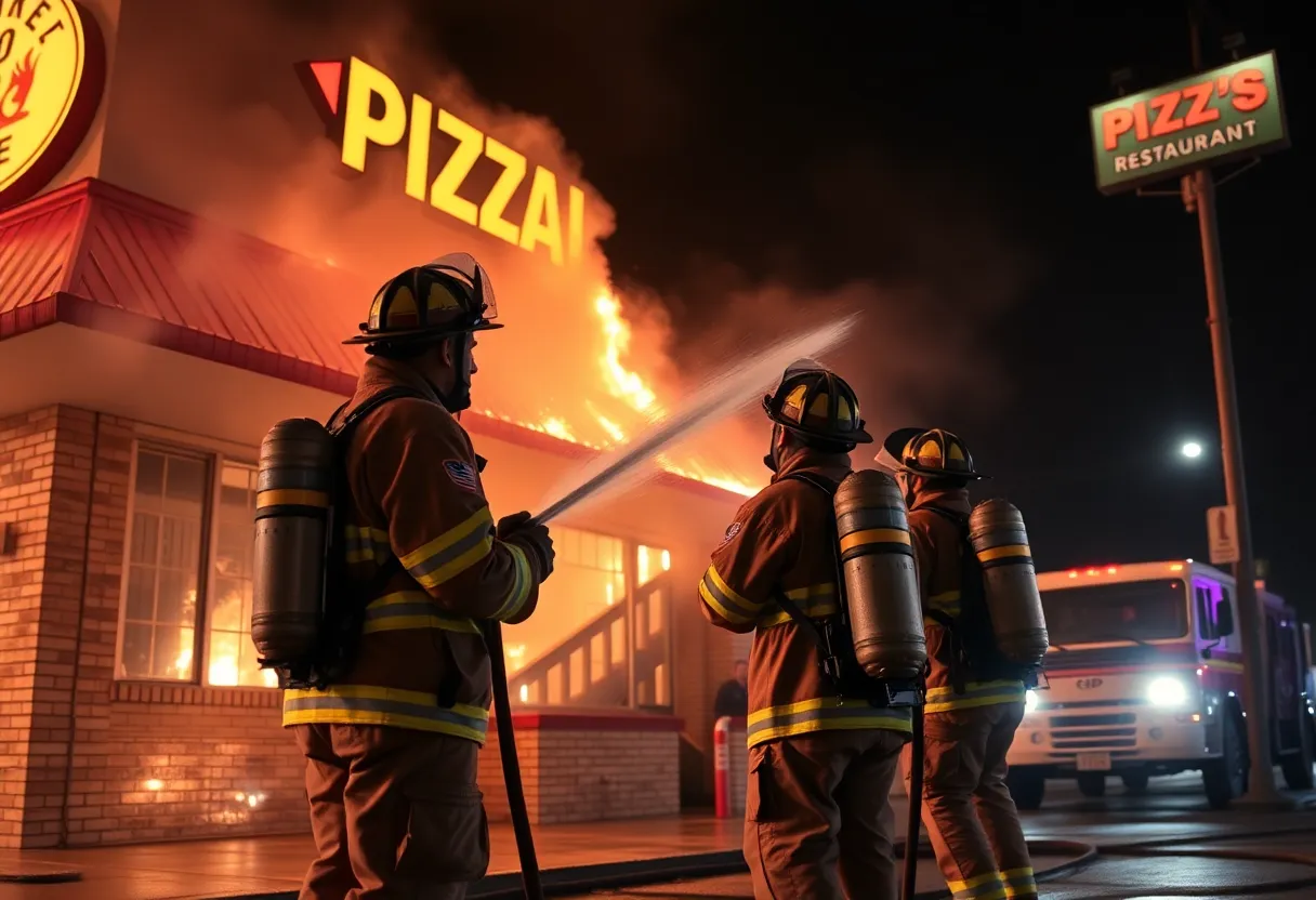 Firefighters responding to a fire incident at More Home Slice Pizza