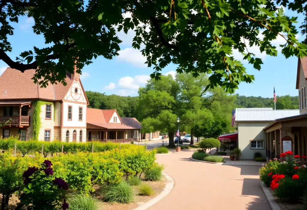 Scenic view of Fredericksburg, Texas with vineyards and blooming wildflowers