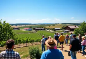 Scenic view of Fredericksburg, Texas, showcasing wineries and tourists.