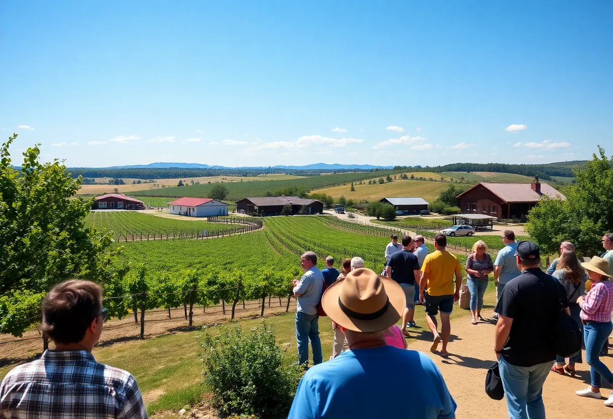 Scenic view of Fredericksburg, Texas, showcasing wineries and tourists.
