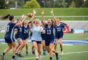Female flag football players celebrating their championship victory