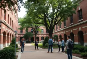 A peaceful scene of the courtyard at the University of Texas at Austin, commemorating Michael Benedikt.