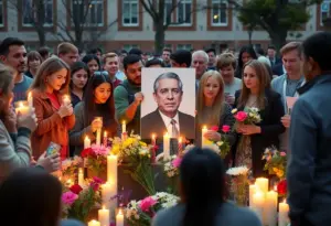 A diverse group gathered at a memorial with candles and flowers.