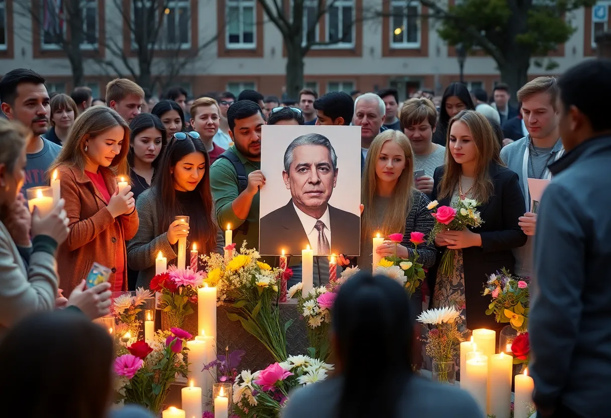 A diverse group gathered at a memorial with candles and flowers.