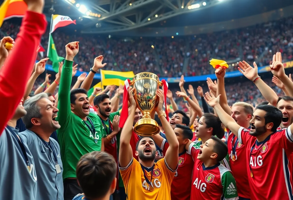 Nashville SC players celebrate holding their first major trophy in a soccer match.