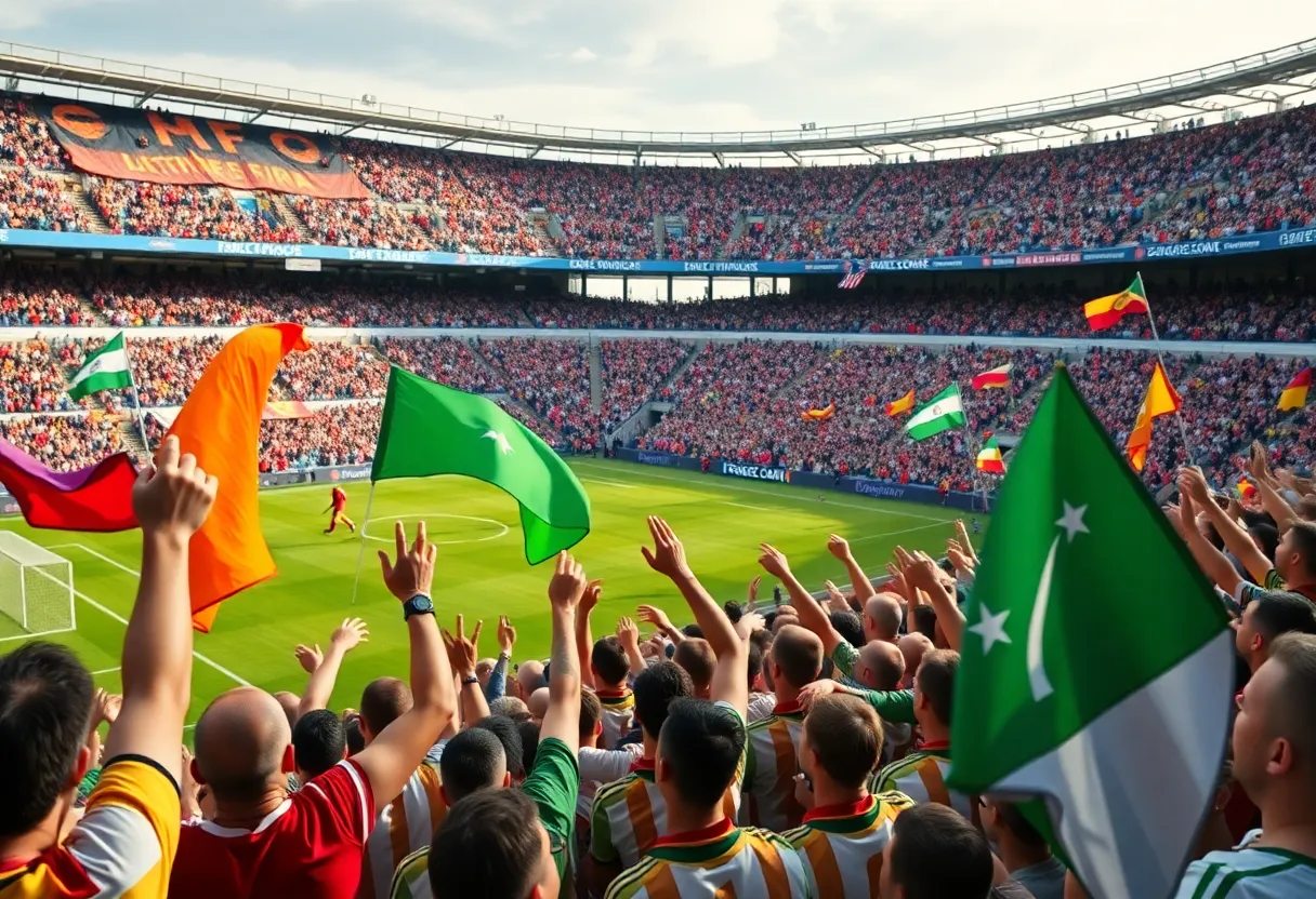 Fans of Nashville SC celebrating in the stadium after winning the U.S. Open Cup.