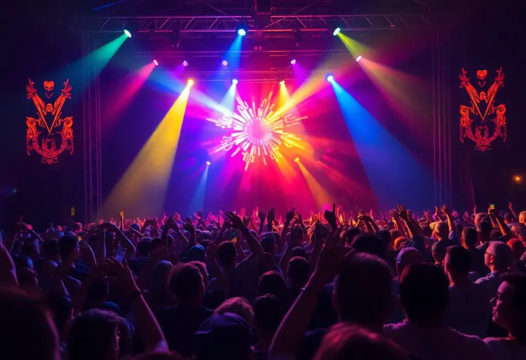 Audience at a Nine Inch Nails concert with stage lights