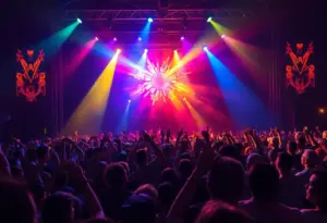 Audience at a Nine Inch Nails concert with stage lights