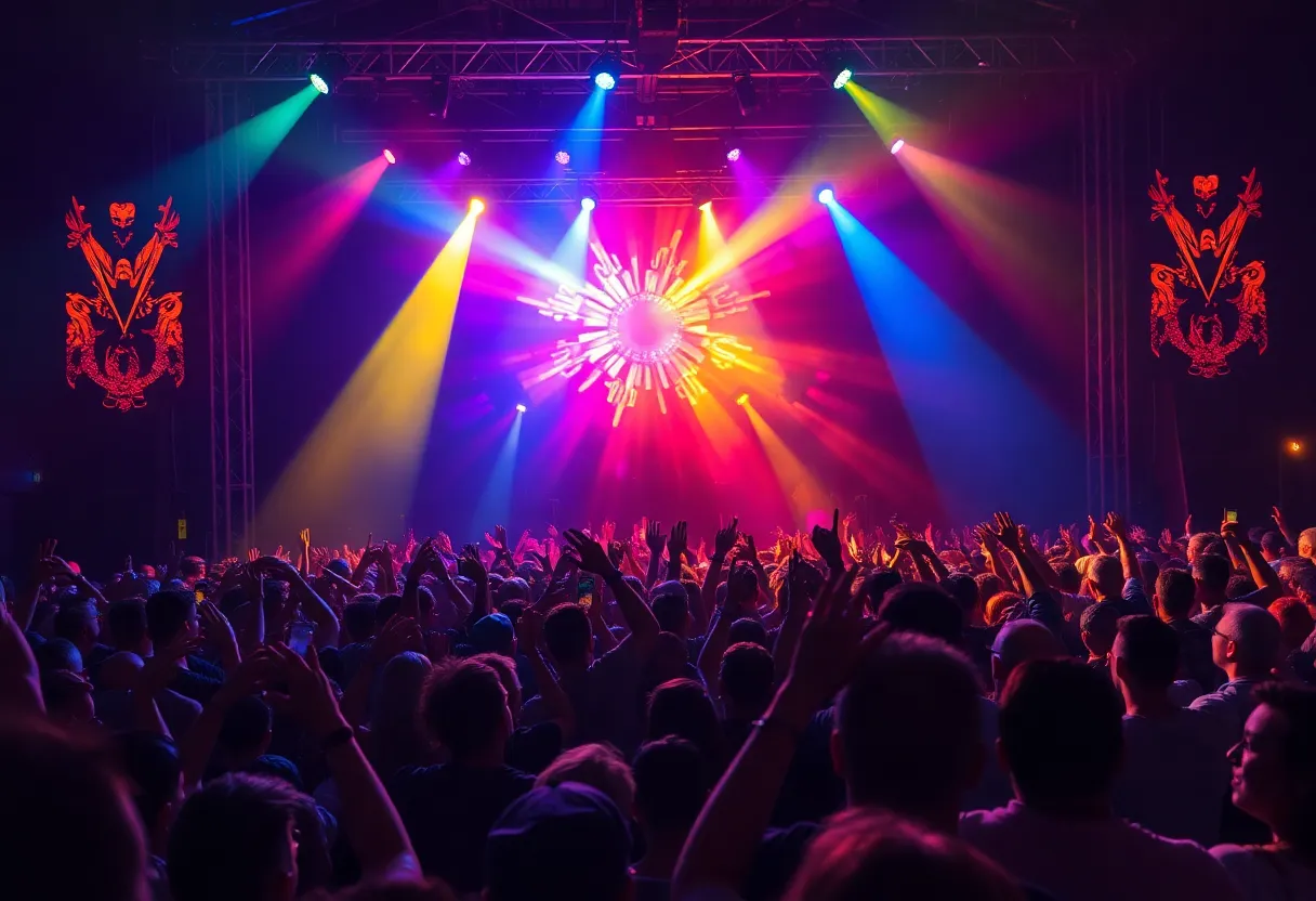 Audience at a Nine Inch Nails concert with stage lights