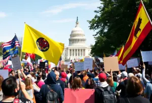Diverse crowd at the No Kings protest in Austin with banners and flags