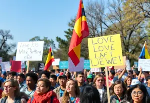 Crowd at No Kings protest in Austin with signs and flags