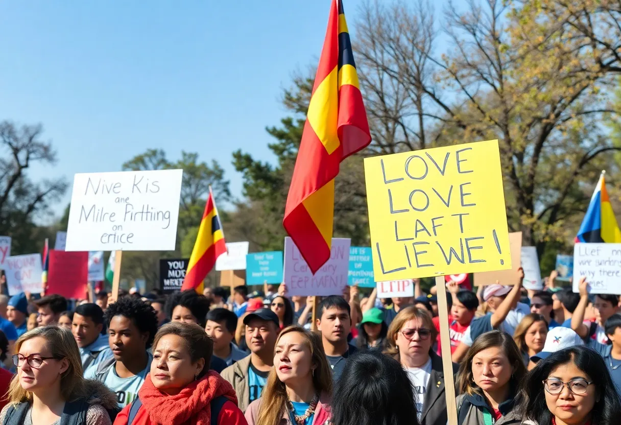 Crowd at No Kings protest in Austin with signs and flags