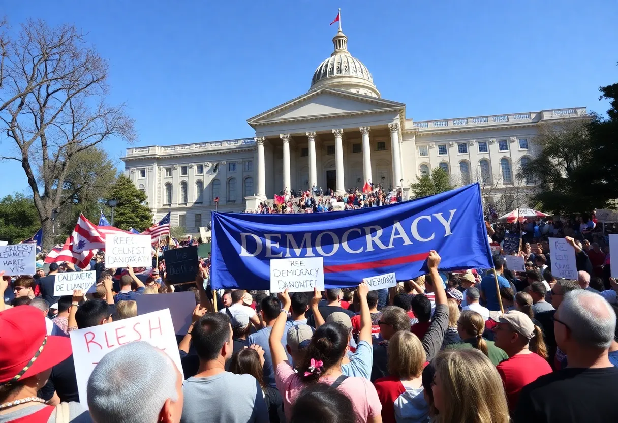 Crowd at the No Kings protest with signs advocating for democracy.