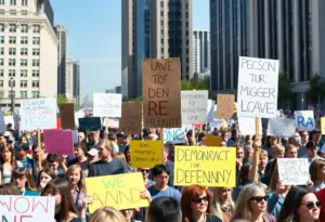 Protesters holding signs advocating for democracy in Austin during the No Kings protests