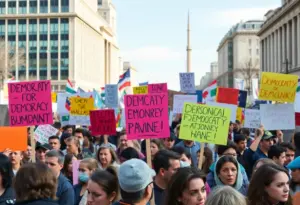 Crowd of protesters rallying for democracy with colorful signs.