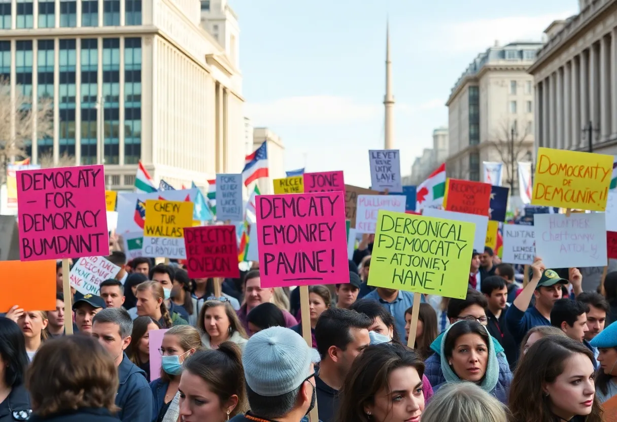 Crowd of protesters rallying for democracy with colorful signs.