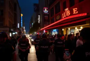 Nighttime street scene with police activity in Austin