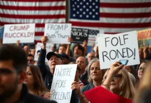 Crowd at a political rally showing diverse opinions with signs reflecting concern over political violence.