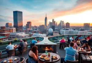 People enjoying drinks at a rooftop bar in Austin with city skyline in background