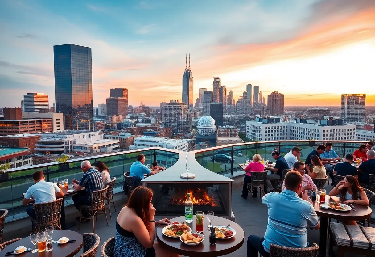 People enjoying drinks at a rooftop bar in Austin with city skyline in background